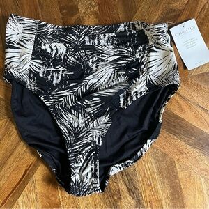 Garnet Hill Bikini Bottom Ruched‎ High Waisted Black Cream Leaf Women’s Sz 8 NWT